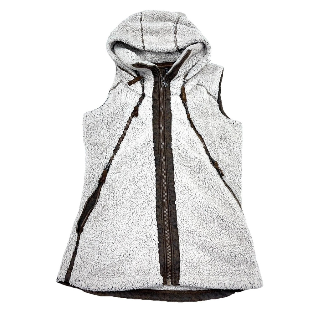 Kuhl Vest Women Medium XS Tan Brown Sherpa Pile Fleece Sweater Jacket Hooded
